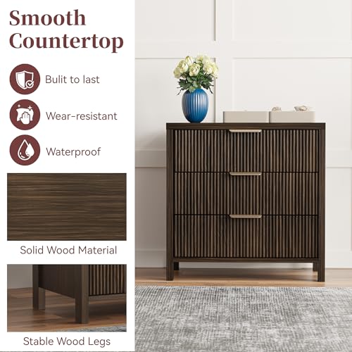 Image of Fluted Nightstands Set of 2, 23.7'' Wide Night Stand with 3 Drawers, Mid-Century Modern Bedside Table with Handles, Wood End Table for Bedroom, Brown