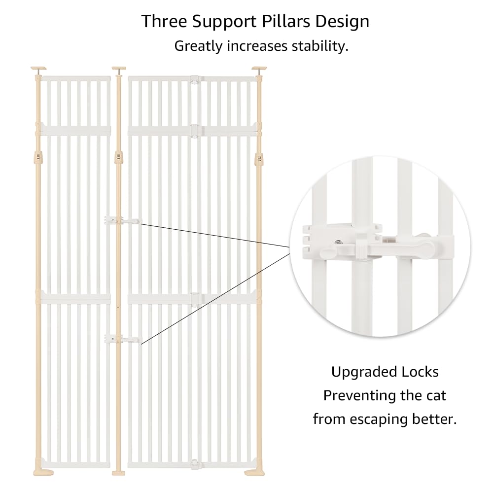 unipaws Puerta para mascotas de 218 cm extra alta, ajustable y extensible (218–250 cm A × 89–129 cm L), con 3 barras de soporte, cerradura doble, montaje a presión, sin necesidad de perforar