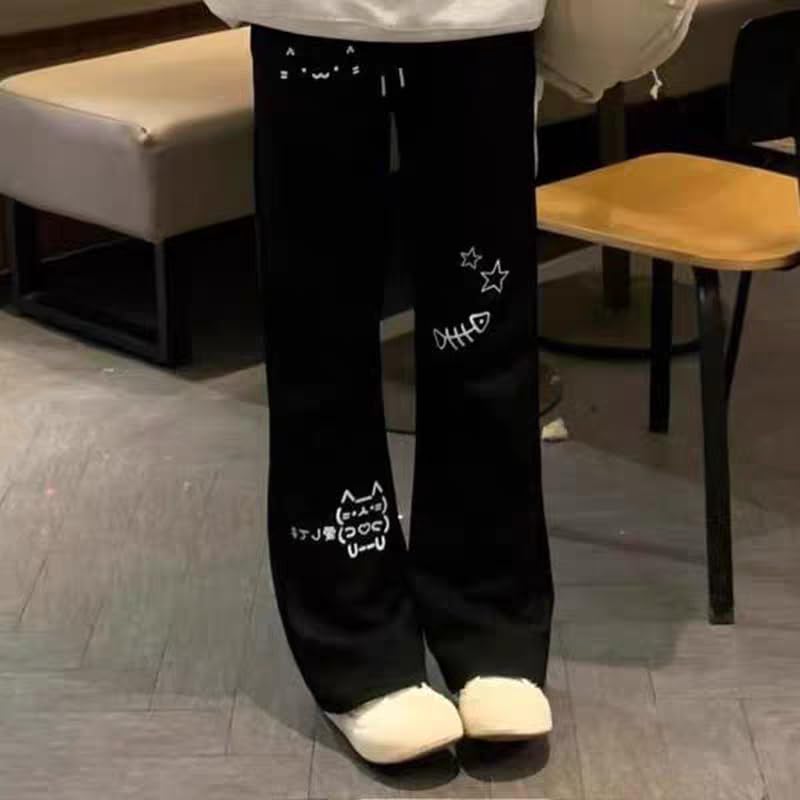 Y2K Cute Cat Print Kawaii Sweatpants for Women Casual Harajuku Cutecore Drawstring Elastic Straight Pants3