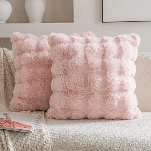 Neelvin Set of 2 Decorative Cushion Covers Thick Plush Wool Pink Throw Pillow Covers 40x40 cm 16x16 Inches Pillowcase Plush fluffy for Couch Livingroom Sofa Bedroom