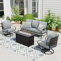 Sophia & William Patio Furniture Sets with 45" Gas Fire Pit Table Outdoor Metal Conversation Sets for 5, 2 x Swivel Cushioned Patio Sofa Chairs, 1 x 3-Seat Sofa 4 Pieces for Lawn Backyard Grey