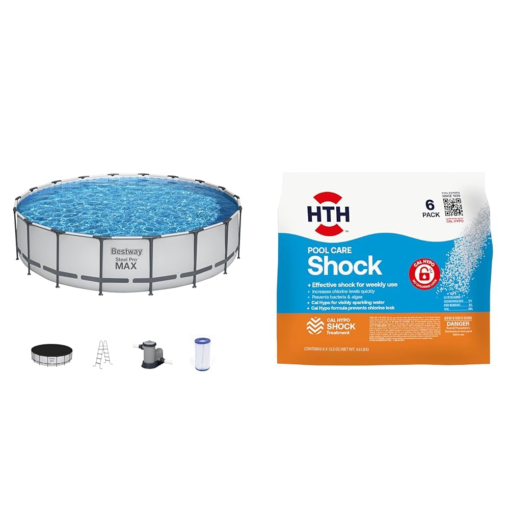 Bestway 18' x 48" Round Above Ground Pool Set with 1,000 GPH Pump, Ladder, Cover and HTH 6-Pack Swimming Pool Shock