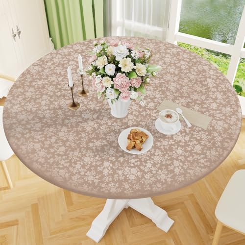 Image of Smiry Waterproof Heavy Duty Vinyl Fitted Tablecloth for 57 inch-68 inch Round Table | Elastic Plastic Table Cloth, Wipeable Washable Floral Patio Table Cover for Picnic, Kitchen and Dining, Khaki