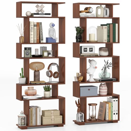 Giantex 6-Tier Geometric Bookshelf Set of 2 S-Shaped Bookcase with 2 Anti-Tipping Kits Wooden Display Shelf Decorative Storage Shelving Unit Home Storage Organizer for Office Living Room Walnut