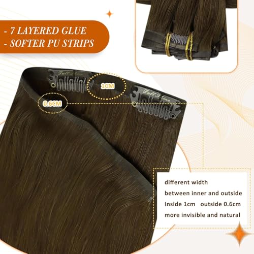 Image of Full Shine Clip in Hair Extensions Remy Human Hair, Medium Brown 22 Inch | Invisible PU Weft, Silky Straight, Brunette Seamless Clip Ins, Add Volume, Lightweight, Heat Styling Friendly, 8 Pcs 120g