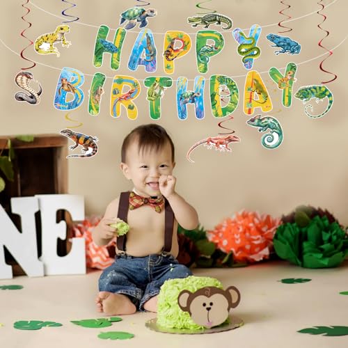 Image of Hooqict Reptile Birthday Party Decorations Reptile Swamp Happy Birthday Banner and 15 Pcs Hanging Swirls Safari Animals Lizard Snake Alligator Turtle Party Favors Supplies