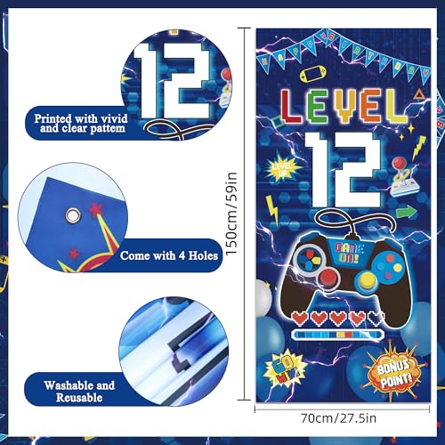 Image of Vlipoeasn Blue 12th Birthday Decorations for Boys, Video Game Level 12 Banner Backdrop Hanging Swirls for 12th Birthday Party, Gamer 12 Years Old Party Supplies