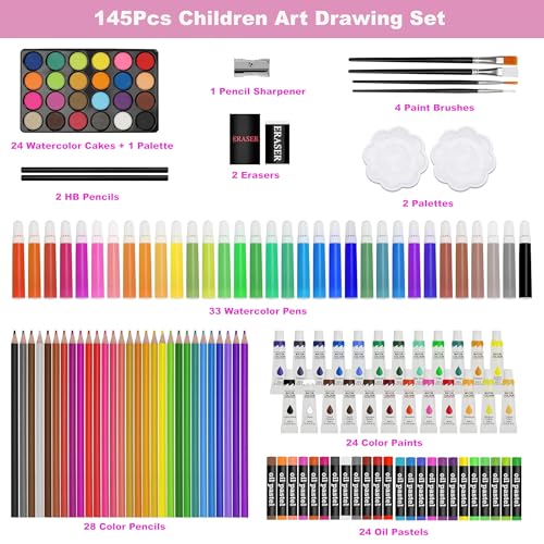 Image of KARP 145 Pcs Children Deluxe Art Drawing Set for Kids Case Studio Art and Craft Supplies Drawing and Painting Set Great Gift (Unicorn Design-Pink)