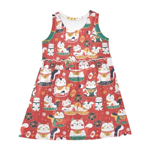 ALAZA Girls Dress Sleeveless Lucky Cat Red Girl Casual Summer Dresses Girls Sundress, 2-8 Years2