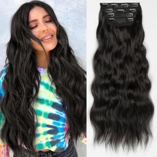 Image of KooKaStyle Wavy Thick Clip in Hair Extensions 24 inch Natural Black | 4 Pieces Clip in Extensions,Fiber Double Weft Hairpieces,Natural Volume,Beach Wave Long Synthetic Hairpieces for Women