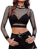 Avidlove Fishnet Top Crewneck Mesh Top Women See Through Shirt Goth Emo Shirt Black S