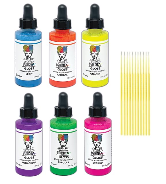 Dina Wakley Glossy Acrylic Medium Bundle - Bodacious, Gnarly, Radical, Legit, Stoked, and Tubular - Glossy Acrylic Medium Drops Detail Sticks