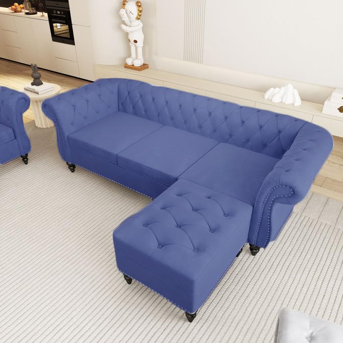 Image of Chesterfield Velvet 3 Seater Round Arm Sofa + Ottoman Modern Sofa for Your Loving Space, Bedroom, Living Room, Offices (Blue)