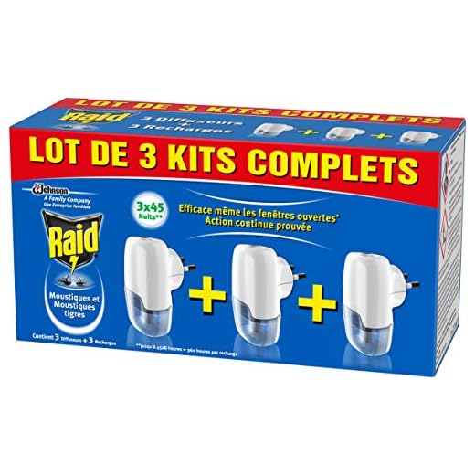 Raid Diffuseurs Électriques Liquide, Moustiques et Moustiques Tigres, 45 Nuits, Insecticide , 1 paquet de 3 diffuseurs + 3 recharges 3 x 27 ml