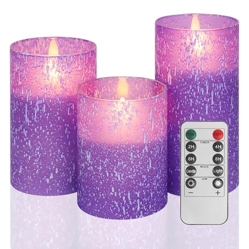 Image of Purple Flameless Candles With Remote LED Battery Operated Candles Set of 3 | Real Wax Raindrop Glass Design Timer & Brightness Settings Safe LED Candles for Halloween Christmas Bedroom & Fall Decor