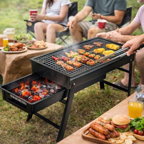 Image of Folding Portable Barbecue Grill Set for Outdoor Cooking | Stainless Steel Charcoal BBQ Grill for Camping, Picnic and Home Use | Compact Foldable Barbeque for Travel and Terrace