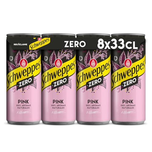 Schweppes Tónica Pink Zero con sabor a Grosella, sin Azúcar ni Calorías - Lata, Pack 8x33cl