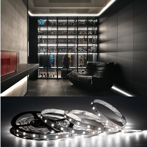 Image of 10ft White LED Strip Lights,12V Dimmable Tape Lighting with Infrared Remote,SMD 2835 LEDs Adhesive Ribbon Light,Connectable,Cuttable,Indoor Rope Light for Room Bedroom Cabinet