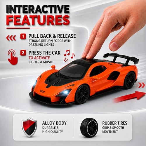 Image of GRAPHENE 1:32 Scale Diecast Pullback Metal Toy Car for Boys High Speed Friction Premium Realistic Model Sports Car Miniature Openable Doors Trunk Light Music Best Gift for Boys Girls for 2+ (Orange)