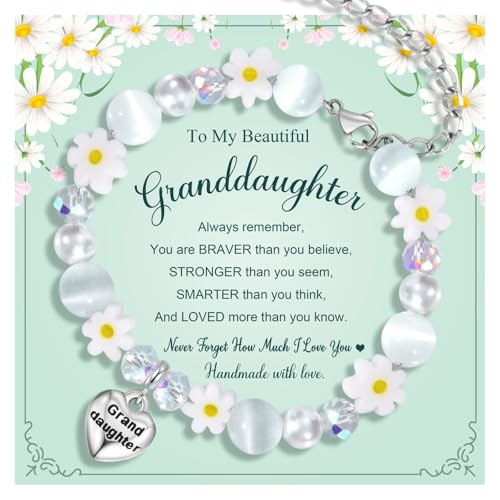 Charm Bracelet Gifts for Girls – Adjustable Daisy & Cat Eye Stone Heart Charm Bracelet with Inspirational Card – Birthday, Christmas, Graduation Jewelry for Daughter, Granddaughter, Niece (Ages 3-15)