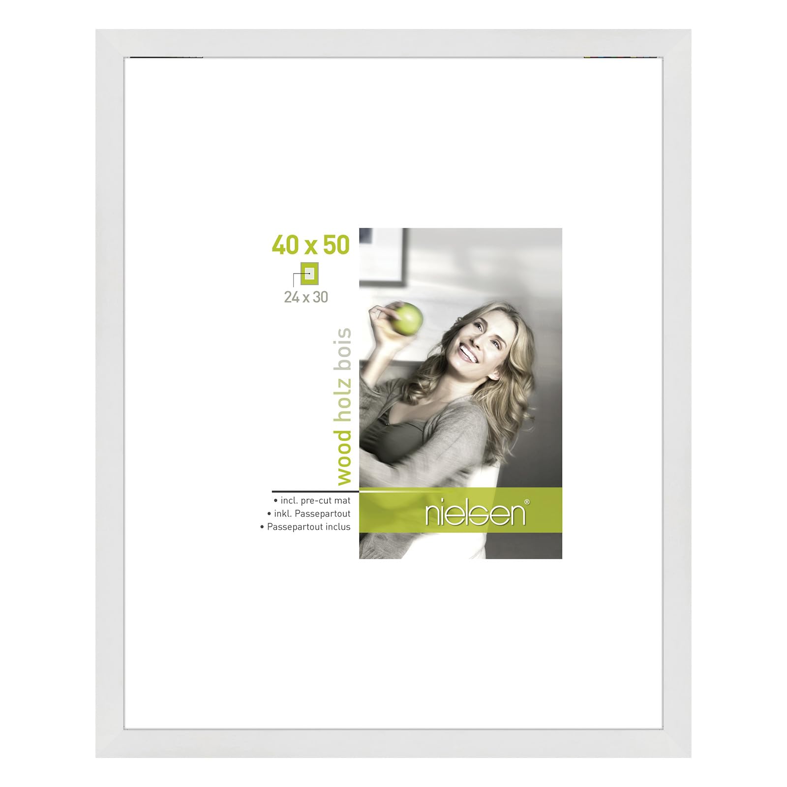 Accent By Nielsen White Apollon Photo Frame 40X50cm Wooden Picture Frame With Mount To Fit 24X30cm, Protective Float Glass And Push And Turn Clips - Size 40