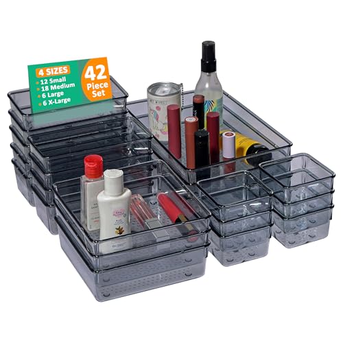 Image of Kuber Industries Acrylic Set of 42 Transparent Cosmetic Organizer Tray | Drawers Organisers for Kitchen, Office and Bathroom Vanity Makeup | Stationery Storage Drawer Divider Tray | Black