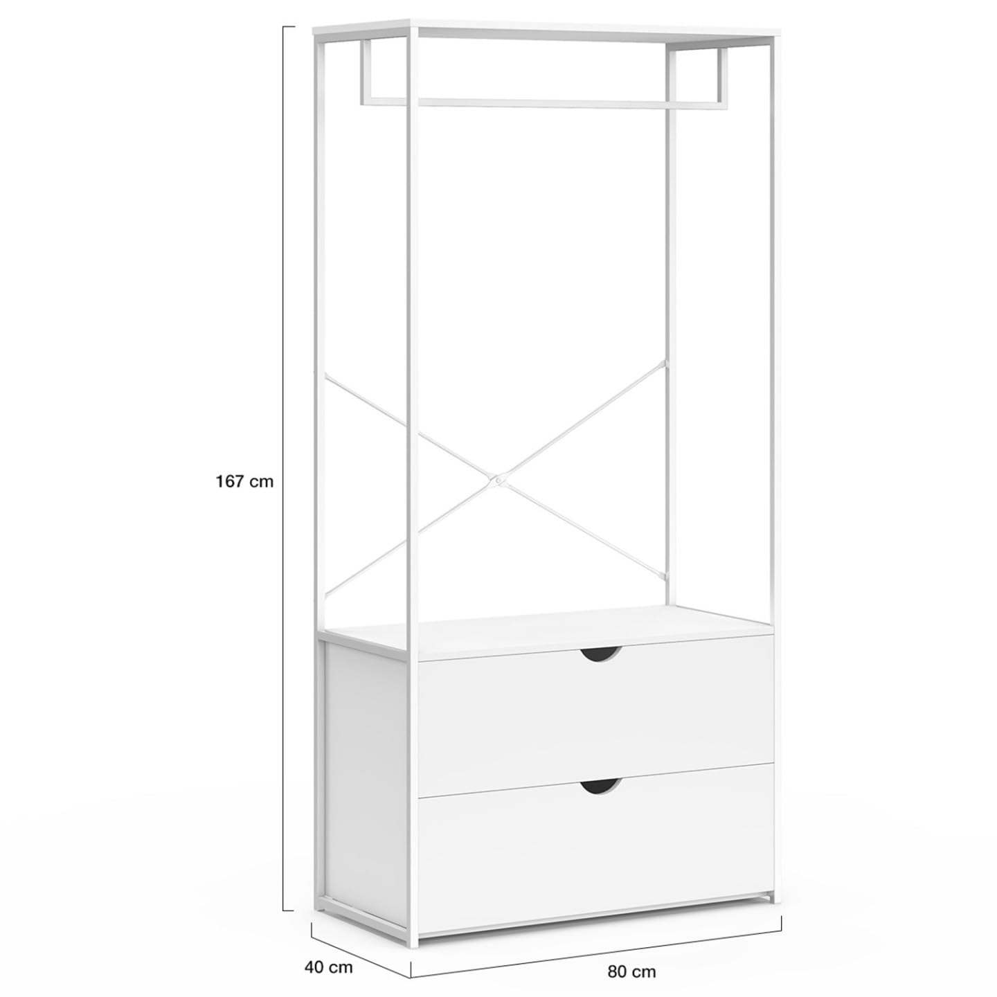 IDMarket – Armario para ropa con 2 cajones L. 80 cm BROOKLYN, madera blanca y metal blanco