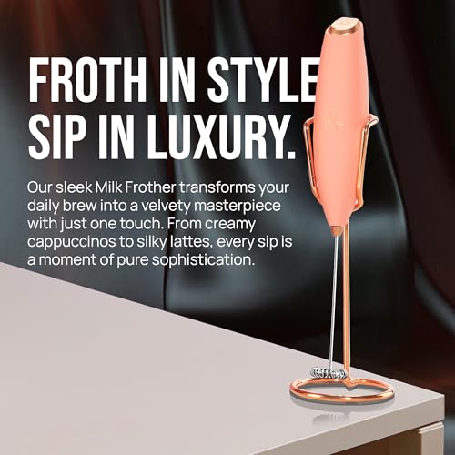 Image of Zulay Kitchen Powerful Milk Frother Wand With Duracell Batteries - Ultra Fast Handheld Drink Mixer - Electric Whisk Foam Maker for Coffee, Lattes, Cappuccino & Matcha - Z1 Motor - Exec Peach Copper
