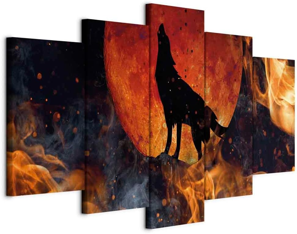 artgeist Acoustic Canvas Wall Art Wolf 40x20 in - 5pcs Picture with Acoustic Foam Sound Print Artwork Room Acoustics Soundproofing - Abstract Animal Fire Sun g-C-10005-b-a
