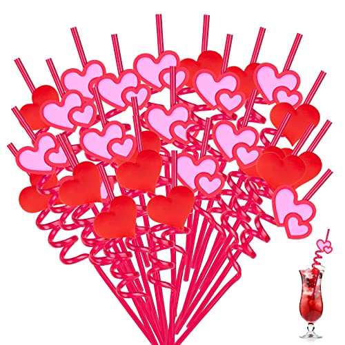 26PCS Valentine Drinking Straws Reusable Red Love Heart Straws Crazy Loop Straws Valentine School Party Decor Straws for Valentine's Day Party Wedding Bachelorette Party Supplies Favors