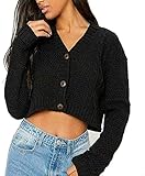 STAR FASHION New Women's Ladies Chunky Cable Knitted Cropped Cardigan Long Sleeve 3 Button Short Crop Top Warm Sweater Jacket Pary Wear UK Size 8-14 Black