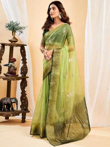 Image of Satrani Women's Organza Sequins Embroidery Jacquard Saree with Unstitched Blouse Piece