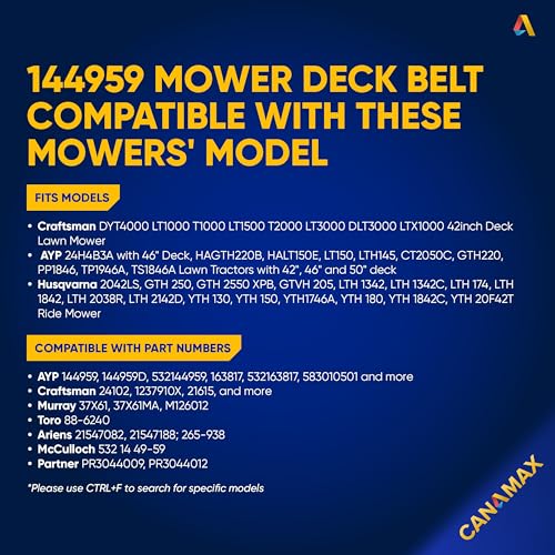 Image of Canamax 144959 Mower Deck Belt - Aramid Cord 1 /2 inch x 95 inch - for 42 inch Deck Craftsman LT3000 DLT3000 DYT4000 LT1000 LT2000 Poulan Husqvarna AYP Ariens - Replaces 532144959 130801 532130801 24690 248-095