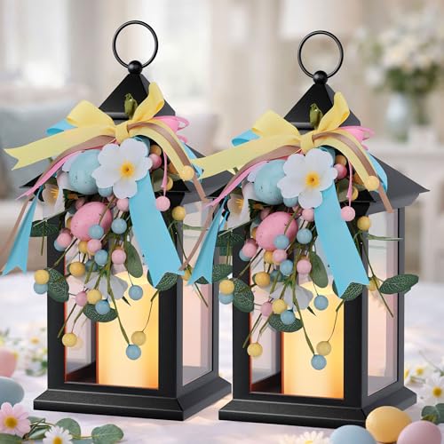 Image of Easter Lanterns Decorative Indoor & Outdoor, 14 Inch Black Candle Lanterns with Timer Waterproof, Hanging Spring and Easter Lantern Decor for Home, Table, Porch, Patio, 2 Pack