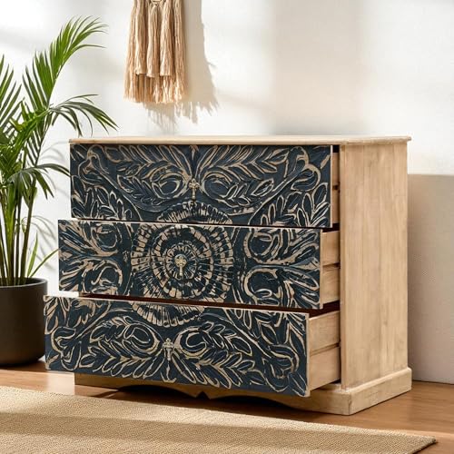 Image of The Attic Jodhpur Drawer Chest, Kitchen and Living Room Storage, Solid Wood, Natural + Black Matte Finish