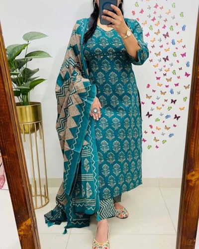 Image of Rangnavi Women's Cotton Trending Straight Kurta with Pants and Dupatta Set | Ethnic Set (Teal)