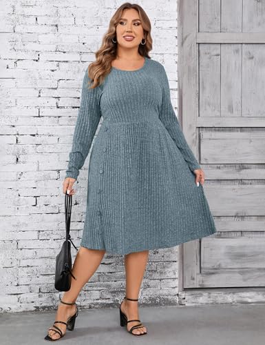 Image of Women's Plus Size Casual Sweater Dress Square Neck Long Lantern Sleeve Tie Waist Loose Pullover Sweater Dresses