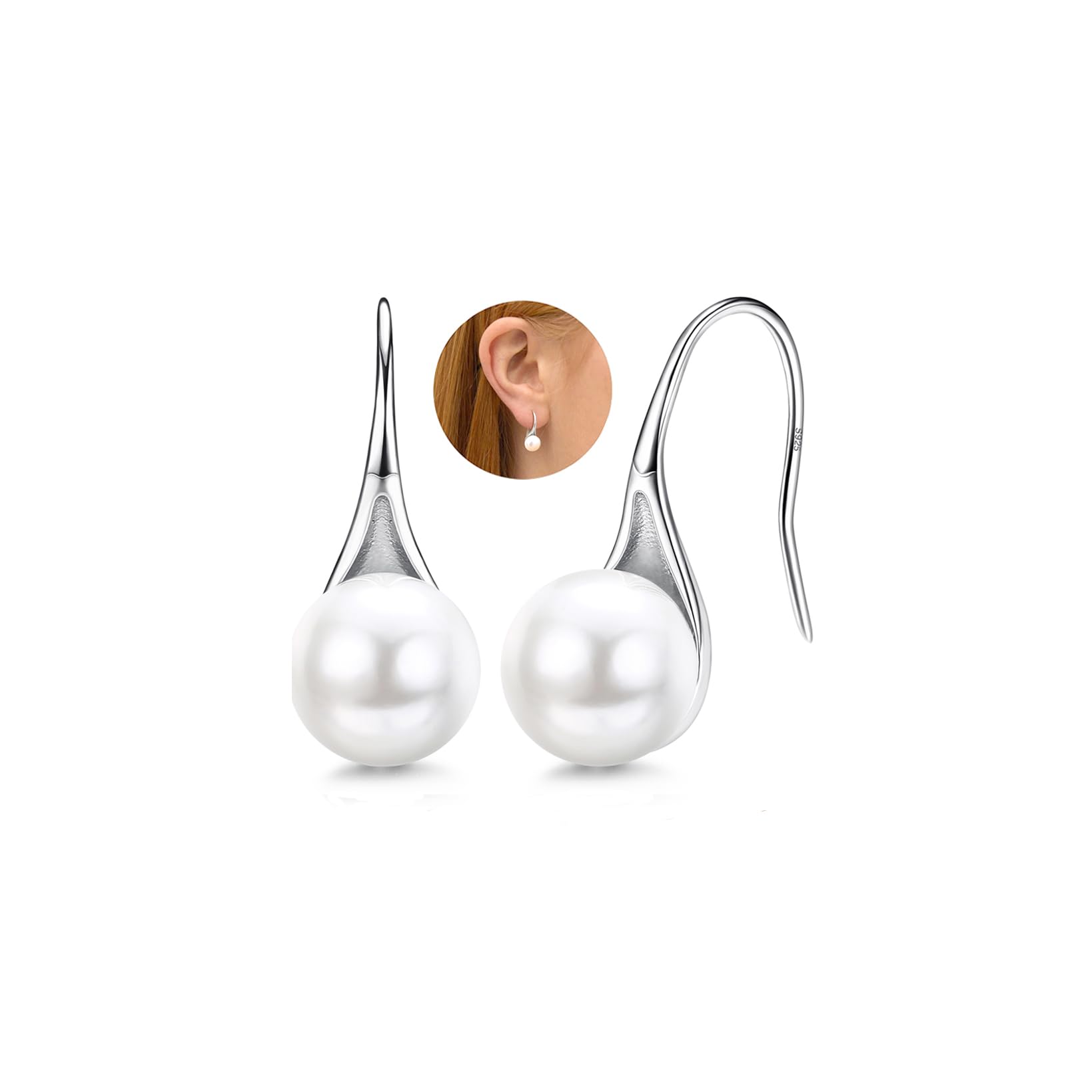 SllaissPearl Drop Earrings - 925 Sterling Silver, White Gold 14K Gold Plated, White Shell Pearls 8MM