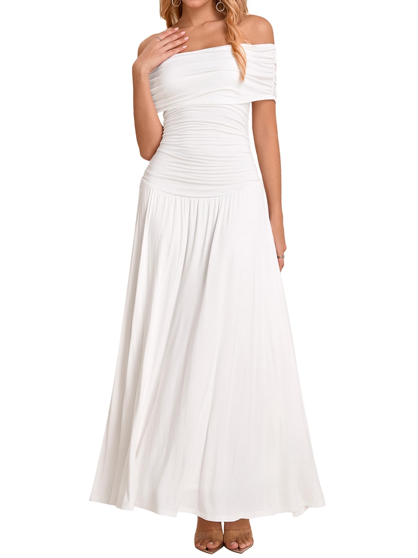 Off The Shoulder Maxi Dress For Women Summer Ruched Bodycon Pleated Flowy Formal Wedding Guest Long Dresses