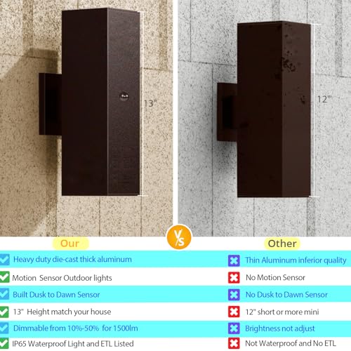 Image of Motion Sensor Outdoor Wall Lights 2-Pack, Dusk to Dawn Exterior Light Fixtures with 3 Lighting Modes, 13'' Up Down Porch Lights with 15W LED Bulbs, Waterproof Wall Sconce for House, Patio, Garage