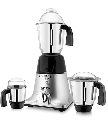 Gemini EPNEX 1HP-Watts Mixer Grinder with 3 Steel Jars (1 Wet Jar, 1 Dry Jar and 1 Chutney Jar) (BlackSilver) ISI Certified