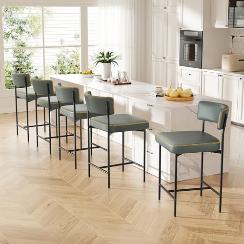 Image of Bar Stools Set of 5, Faux Leather Counter Height Barstools with Curved Back, 25 Inch Upholstered Bar Chairs, Modern Counter Stools for Kitchen lsland, Grey