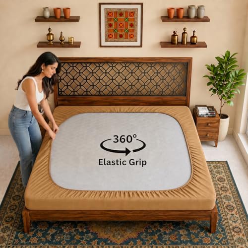 Image of Lithara Terry Cotton Fitted Mattress Protector for King Size Bed | Waterproof & Elastic Band | Ultra Soft & Hypoallergenic Mattress Cover | Size : 72 x 72 Inches (6 x 6 Feet) | (Light Beige)
