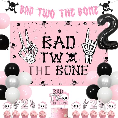 Image of Jollyboom Bad Two the Bone Birthday Decoration Girl, Rock And Roll 2nd Birthday Party Decorations Backdrop Cake Cupcake Topper Banner Foil Number 2 Balloon for Girl Music Theme 2 Year Old Birthday