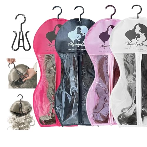 Wig Storage Bag with Hanger, 5-Pack Hourglass-Shaped Dust-Proof Organizer with Clear Window - for Long Synthetic & Human Hair Wigs, Travel & Home Closet Storage Solution (4 Colors) (Mix-4PCS)