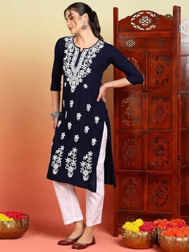 Image of Women Pink Ethnic motifs Embroidered Lucknowi Chikankari Long Kurti