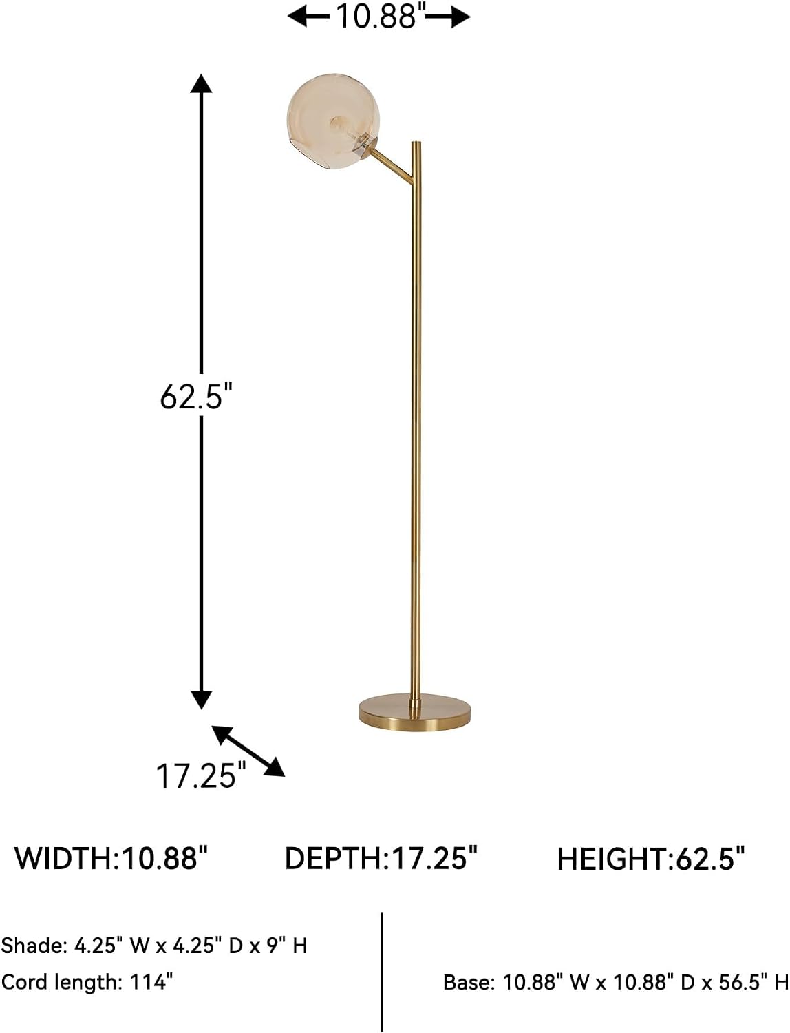 BOWERY HILL Single Metal Floor Lamp, 62.5 in Height, Gold Frame, Amber Glass Shade, Foot Switch Control, UL Listed, Ideal for Living Room, Reading Nook, or Office Use