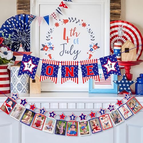 Red white and Blue 4th of July 1st Birthday Photo Banner Patriotic Newborn to 12 Months Photo Banner for 4th of July 1st Birthday Party Decorations — view 4