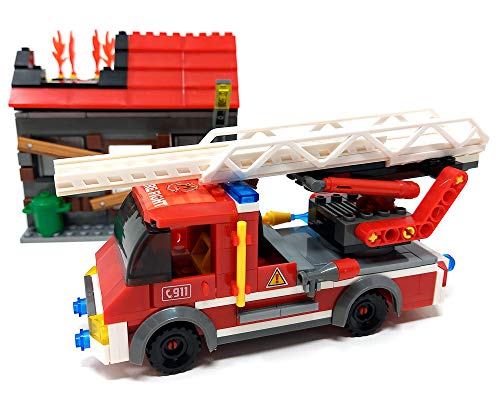 Brigamo Bausteine Feuerwehrauto Feuerwehr Leiterwagen mit brennendem Haus, 355 Klemmbausteine – Bild 3