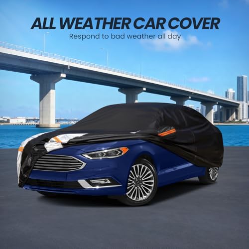 Image of Multi-Layer Car Cover Custom Fit for Ford Fusion(205-2026), 100% Waterproof All Weather for Automobiles, Gift with Towel, Heavy Duty Car Covers for Rain Sun UV Protection with Door Zipper